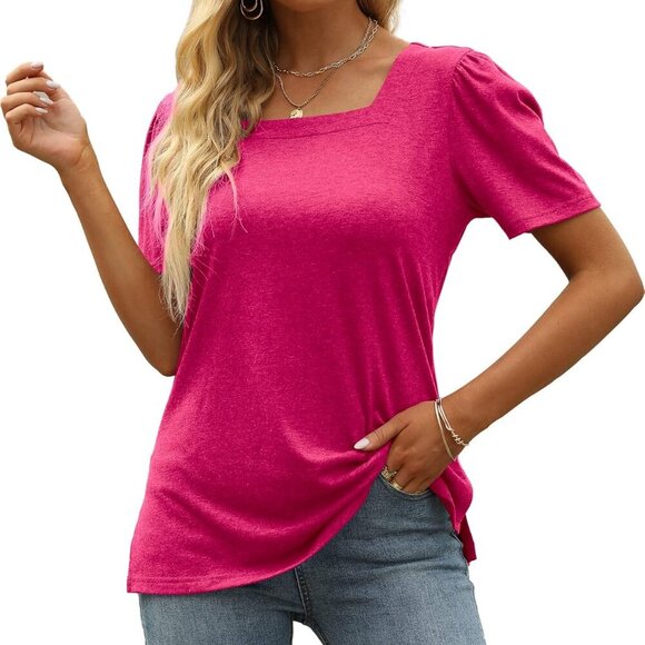 Womens Casual Short Sleeve Square Neck Puff Sleeve Blouse Summer Tee - Picture 2 of 3
